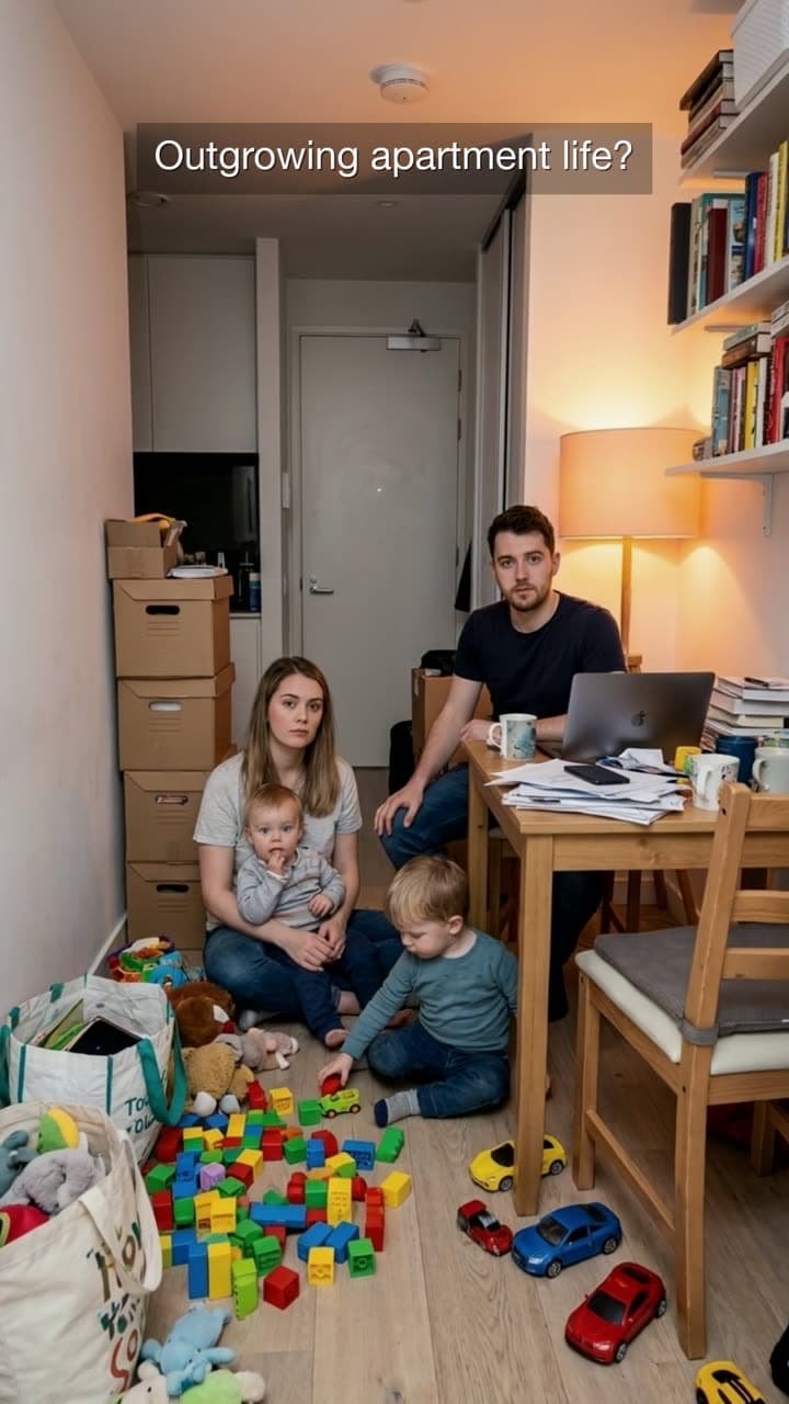 Frame from a property concept ad: Walls break open: a family outgrows its flat