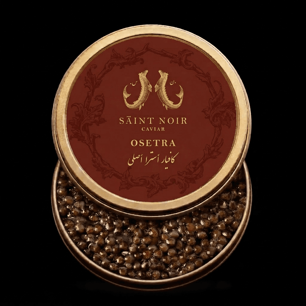 Saint Noir Osetra caviar tin and luxury brand artwork