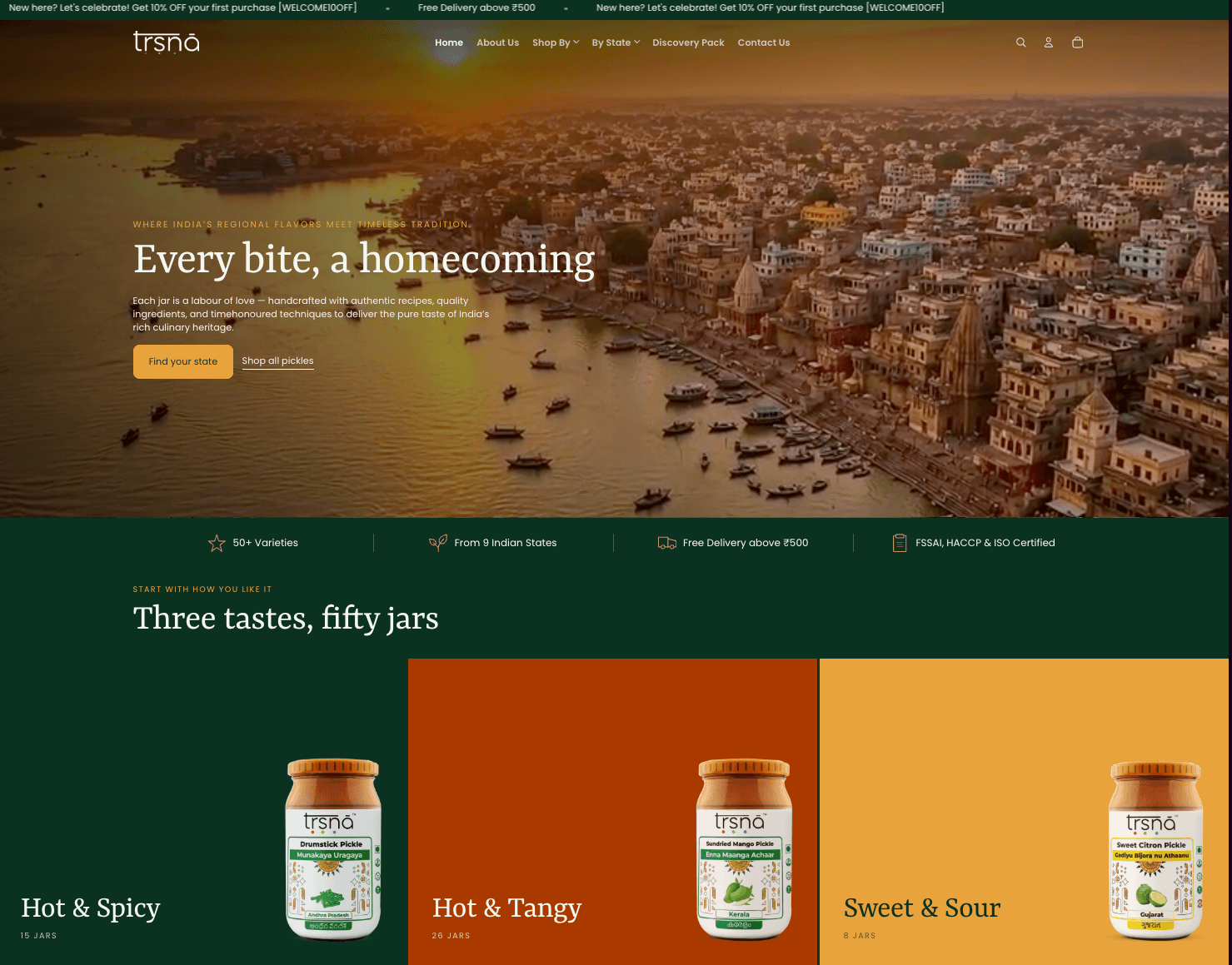 TRSNA Foods regional Indian pickle commerce website homepage